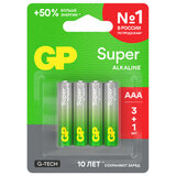 Батарейки КОМПЛЕКТ 4 шт., GP Super G-Tech, AAA (LR03,24А), алкалиновые, мизинчиковые, ПРОМО 3+1