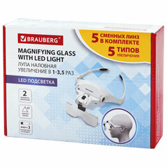 Лупа налобная с LED-ПОДСВЕТКОЙ, 5 сменных линз 95&times;33 мм, увеличение 1,0 &mdash; 3,5, BRAUBERG, 455929