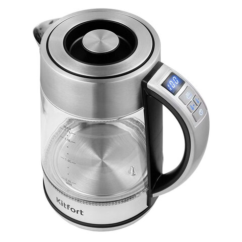 Чайник KITFORT КТ-690, 1,7 л, 2200 Вт, закрытый нагревательный элемент, LED дисплей, ТЕРМОРЕГУЛЯТОР, стекло, серебро