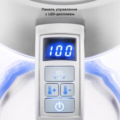 Чайник KITFORT КТ-690, 1,7 л, 2200 Вт, закрытый нагревательный элемент, LED дисплей, ТЕРМОРЕГУЛЯТОР, стекло, серебро