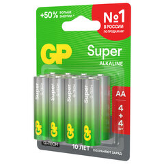 Батарейки КОМПЛЕКТ 8 шт., GP Super G-Tech, AA (LR6, 15А), ПРОМО 4+4, алкалиновые, пальчиковые, 15A4/<wbr/>4