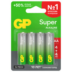 Батарейки КОМПЛЕКТ 8 шт., GP Super G-Tech, AA (LR6, 15А), ПРОМО 4+4, алкалиновые, пальчиковые, 15A4/<wbr/>4