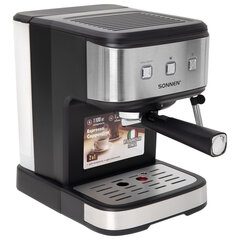 Кофеварка рожковая ручной капучинатор SONNEN CM8501, 1100 Вт, 1,5 л, 15 бар, черная/<wbr/>серебро, 456335