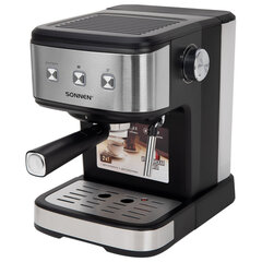 Кофеварка рожковая ручной капучинатор SONNEN CM8501, 1100 Вт, 1,5 л, 15 бар, черная/<wbr/>серебро, 456335