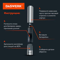 Мельница для специй, 4 уровня помола, электрическая, с подсветкой, PM-1, DASWERK (ДАСВЕРК), 456619