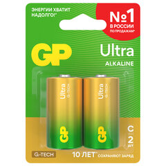 Батарейки КОМПЛЕКТ 2 шт., GP Ultra G-Tech, С (LR14, 14А), алкалиновые, блистер, 14AU-2CR2