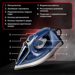 Утюг паровой SONNEN SI-6008, 2200 Вт, керамическое покрытие, антикапля, серебристый/золотой, 456998