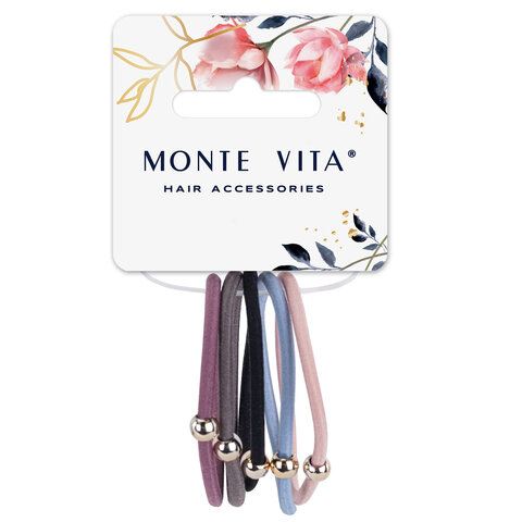 Резинки для волос НАБОР 5 шт., 0,3х14 см, с бусинкой, чёрный, фиолетовый, бежевый, MONTE VITA (МОНТЕ ВИТА), 457042