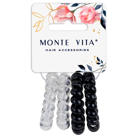 Резинки для волос НАБОР 4 шт., диаметр 4 см, пружинка, чёрный, прозрачный, MONTE VITA (МОНТЕ ВИТА), 457056