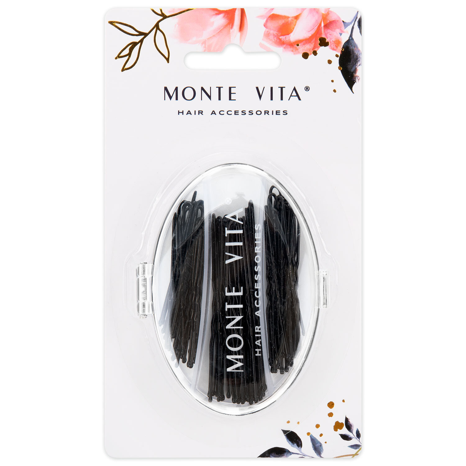 Шпильки для волос НАБОР 60 шт., 4,5 см, 5 см, 6 см, в кейсе, чёрный, MONTE VITA (МОНТЕ ВИТА), 457104