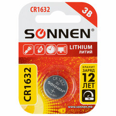 Батарейка литиевая SONNEN Lithium CR1632, &laquo;таблетка, дисковая, кнопочная&raquo;, 1 шт., блистер, 457138