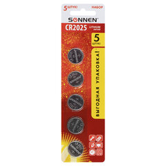 Батарейки литиевые SONNEN Lithium CR2025, &laquo;таблетки, дисковые, кнопочные&raquo;, КОМПЛЕКТ 5 шт., блистер, 457140