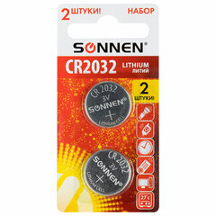 Батарейки литиевые SONNEN Lithium CR2032, &laquo;таблетки, дисковые, кнопочные&raquo;, КОМПЛЕКТ 2 шт., блистер, 457141