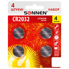 Батарейки литиевые SONNEN Lithium CR2032, &laquo;таблетки, дисковые, кнопочные&raquo;, КОМПЛЕКТ 4 шт., блистер, 457142