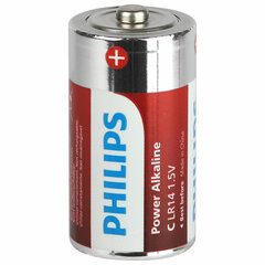 Батарейки алкалиновые КОМПЛЕКТ 2 шт., PHILIPS Power Alkaline, C (LR14, 14А), блистер