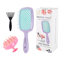 Расческа для волос массажная 20х8,5 см, массажер и щетка для чистки В ПОДАРОК, фиолетовая/мятная, MONTE VITA (МОНТЕ ВИТА), 457431