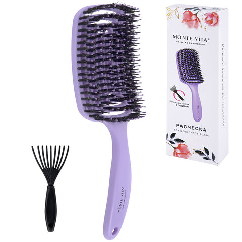 Расческа для волос массажная, 24x7,5 см, с натуральной щетиной + щетка для чистки В ПОДАРОК, MONTE VITA (МОНТЕ ВИТА), 457432