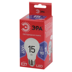 Лампа светодиодная ЭРА RED LINE, 15 (110) Вт, цоколь Е27, груша, холодный белый свет, 30000 ч., LED A60-15W865E27R