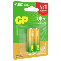 Батарейки КОМПЛЕКТ 2 шт., GP Ultra G-Tech, AA (LR6,15А), алкалиновые, пальчиковые, 15AUA21-2CRSBC2