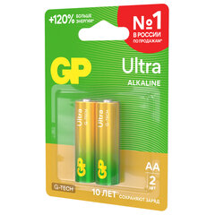 Батарейки КОМПЛЕКТ 2 шт., GP Ultra G-Tech, AA (LR6,15А), алкалиновые, пальчиковые, 15AUA21-2CRSBC2