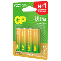 Батарейки КОМПЛЕКТ 4 шт., GP Ultra G-Tech, AA (LR6, 15А), алкалиновые, пальчиковые, 15AUA21-2CRSBC4