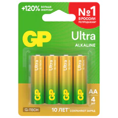 Батарейки КОМПЛЕКТ 4 шт., GP Ultra G-Tech, AA (LR6, 15А), алкалиновые, пальчиковые, 15AUA21-2CRSBC4