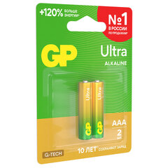 Батарейки КОМПЛЕКТ 2 шт., GP Ultra G-Tech, AAA (LR03, 24А), алкалиновые, мизинчиковые, 24AUA21-2CRSBC2