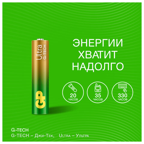 Батарейки КОМПЛЕКТ 4 шт, GP Ultra G-Tech, AAA (LR03, 24А), алкалиновые,мизинчиковые, 24AUA21-2CRSBC4