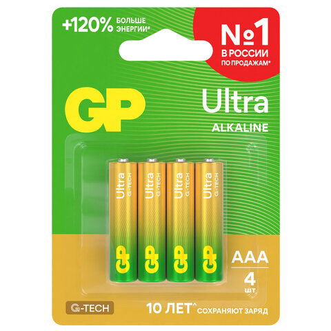 Батарейки КОМПЛЕКТ 4 шт, GP Ultra G-Tech, AAA (LR03, 24А), алкалиновые,мизинчиковые, 24AUA21-2CRSBC4