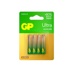 Батарейки КОМПЛЕКТ 4 шт., GP Ultra G-Tech, AAA (LR03, 24А), алкалиновые, мизинчиковые, 24AUA21-2CRSBC4