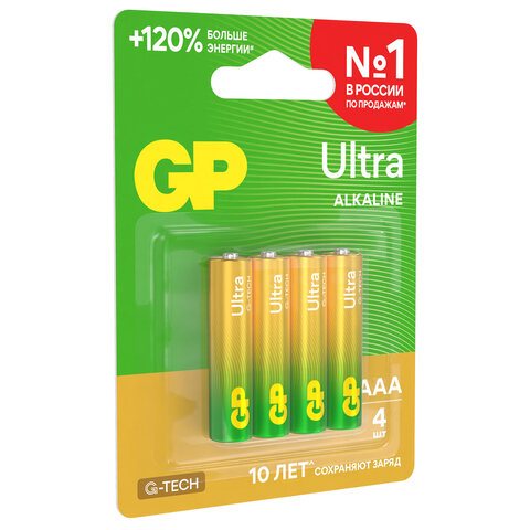 Батарейки КОМПЛЕКТ 4 шт, GP Ultra G-Tech, AAA (LR03, 24А), алкалиновые,мизинчиковые, 24AUA21-2CRSBC4