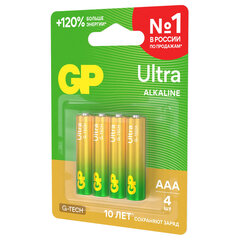 Батарейки КОМПЛЕКТ 4 шт., GP Ultra G-Tech, AAA (LR03, 24А), алкалиновые, мизинчиковые, 24AUA21-2CRSBC4