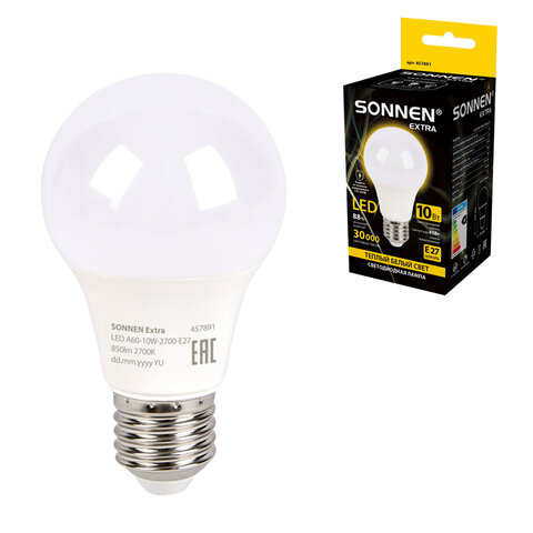 Лампа светодиодная SONNEN EXTRA, 10 (85) Вт, Е27, груша, теплый белый, 30000 ч, LED A60-10W-2700-Е27, 457891