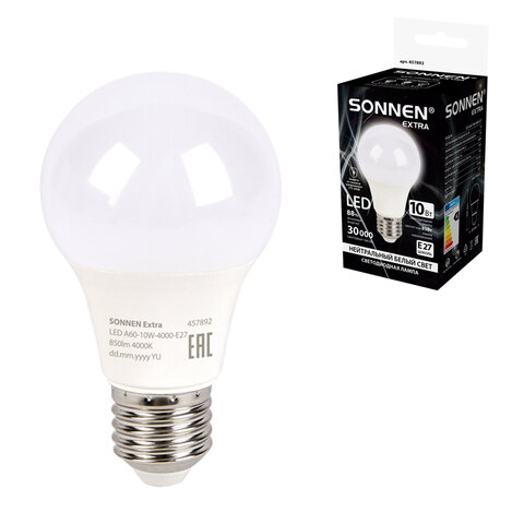 Лампа светодиодная SONNEN EXTRA, 10 (85) Вт, Е27, груша, нейтральный белый, 30000 ч, LED A60-10W-4000-Е27, 457892