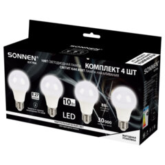 Лампа светодиодная SONNEN EXTRA, 10 (85) Вт, КОМПЛЕКТ 4 шт., Е27, нейтральный белый, 30000 ч, LED A60-10W-4000-Е27, 457893