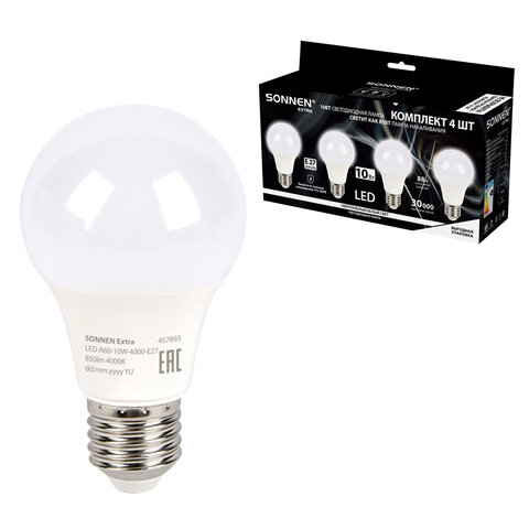 Лампа светодиодная SONNEN EXTRA, 10 (85) Вт, КОМПЛЕКТ 4 шт., Е27, нейтральный белый, 30000 ч, LED A60-10W-4000-Е27, 457893