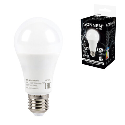 Лампа светодиодная SONNEN EXTRA, 12 (100) Вт, Е27, груша, нейтральный белый, 30000 ч, LED A60-12W-4000-Е27, 457895