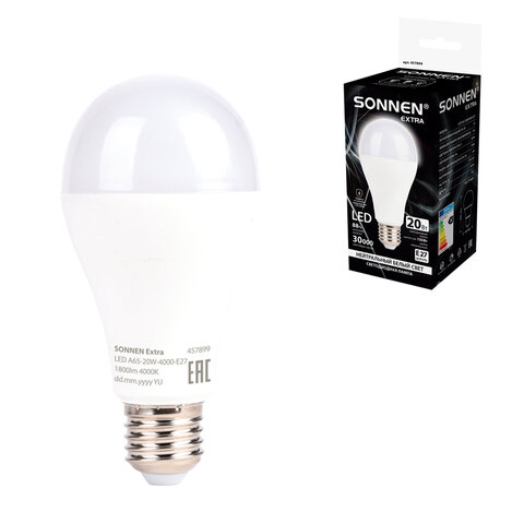 Лампа светодиодная SONNEN EXTRA, 20 (150) Вт, Е27, груша, нейтральный белый, 30000 ч, LED A65-20W-4000-Е27, 457899