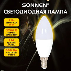 Лампа светодиодная SONNEN EXTRA, 7 (60) Вт, Е14, свеча, теплый белый, 30000 ч, LED C37-7W-2700-Е14, 457902