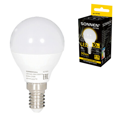 Лампа светодиодная SONNEN EXTRA, 10 (85) Вт, E14, шар, теплый белый, 30000 ч, LED G45-10W-2700-Е14, 457909