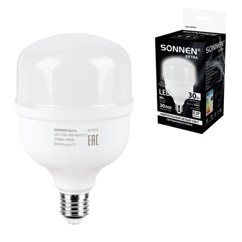 Лампа светодиодная SONNEN EXTRA, 30 (250) Вт, Е27, цилиндр, нейтральный белый, 30000 ч, LED Т100-30W-4000-Е27, 457915