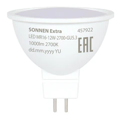Лампа светодиодная SONNEN EXTRA, 12 (110) Вт, GU5.3, софит, теплый белый, 30000 ч, LED MR16-GU5.3-12W-2700, 457922