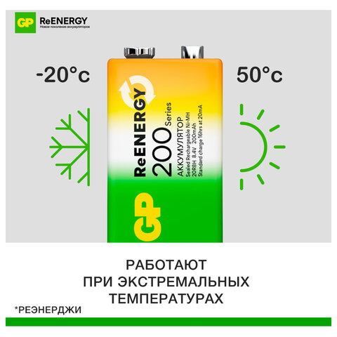 Батарейка аккумуляторная GP ReEnergy Ni-Mh 1 шт Крона (20R8H 9V) 200 mAh, 20R8HRGY-2CRCB1