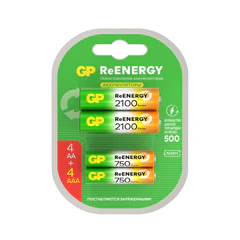 Батарейки аккумуляторные GP ReEnergy Ni-Mh НАБОР 8 шт. (ПРОМО 4+4), AA+ААА (HR6+HR03), 2000 mAh + 750 mAh