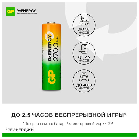 Батарейки аккумуляторные GP ReEnergy Ni-Mh пальчиковые КОМПЛЕКТ 2 шт АА (HR6) 2600 mAh, 270AAHCRGY