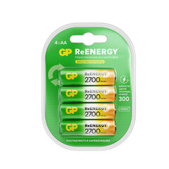 Батарейки аккумуляторные GP ReEnergy Ni-Mh пальчиковые КОМПЛЕКТ 4 шт., АА (HR6), 2600mAh, 270AAHCRGY
