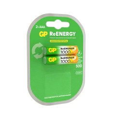 Батарейки аккумуляторные GP ReEnergy Ni-Mh мизинчиковые КОМПЛЕКТ 2 шт., ААА (HR03), 950 mAh, 100AAAHCRGY