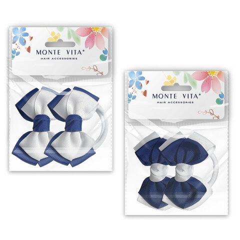 Банты для волос на резинке, НАБОР 2 шт., 7х5 см, белый/синий ассорти, MONTE VITA (МОНТЕ ВИТА), 458845