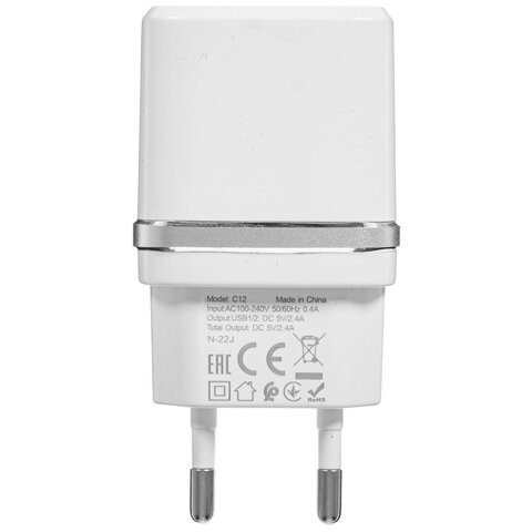 Зарядное устройство сетевое HOCO 12 Вт, 2.4 А, 2 х USB, кабель Type-C, 1 м, белый, УТ000023100 - фото 3