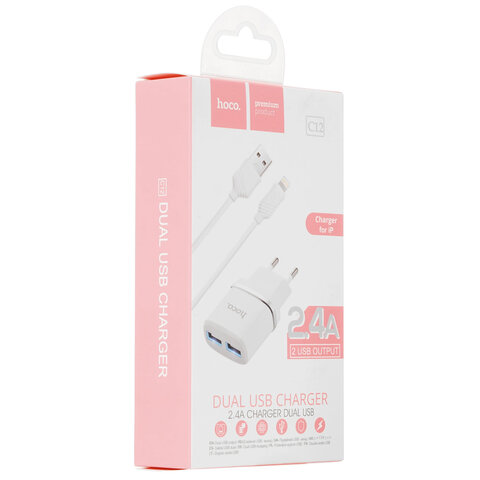 Зарядное устройство сетевое HOCO 12 Вт, 2.4 А, 2 х USB, кабель Type-C, 1 м, белый, УТ000023100 - фото 4
